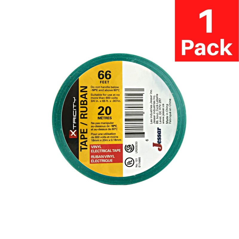 Xtricity Vinyl Green Electrical Tape 3/4 inch x 66 Ft for Electrical Insulation, Wire Bundling and DIY Repairs â€“ Durable, Stretchy, General Purpose â€“ Up to 600V (1 Pack) - Image 2